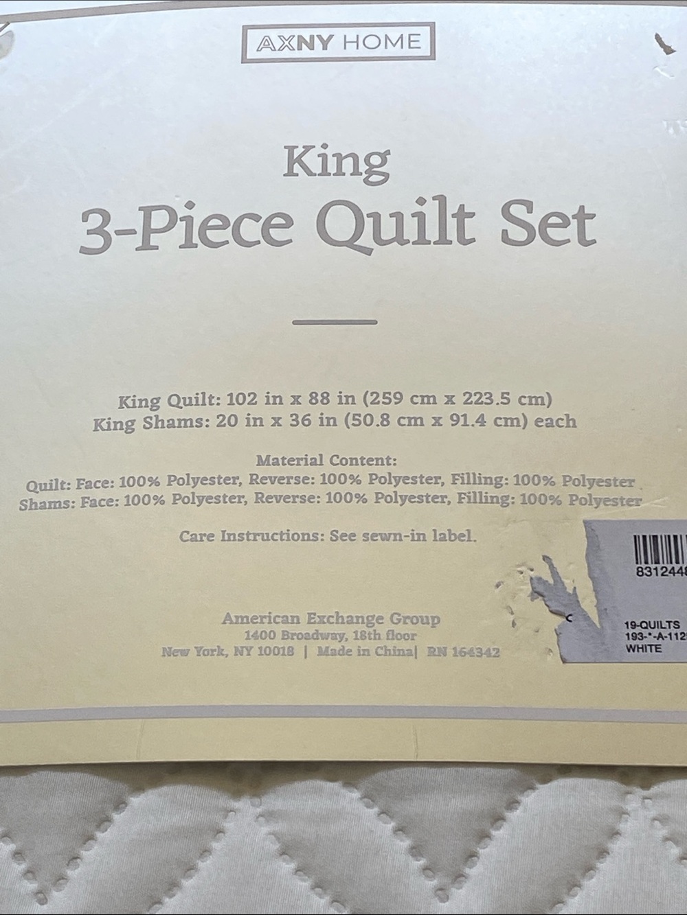 AXNY King 3-Piece Quilted Bedspread and Shams White NWT - Picture 8 of 9